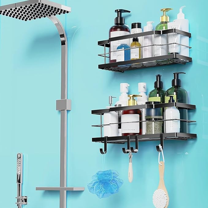 Moforoco Shower Caddy Shelf Organizer Rack, Self Adhesive Black Bathroom Shelves Basket, Home Farmhouse Wall Inside Organization and Storage Decor Rv Accessories, First Camper Apartment Essentials - Image 7