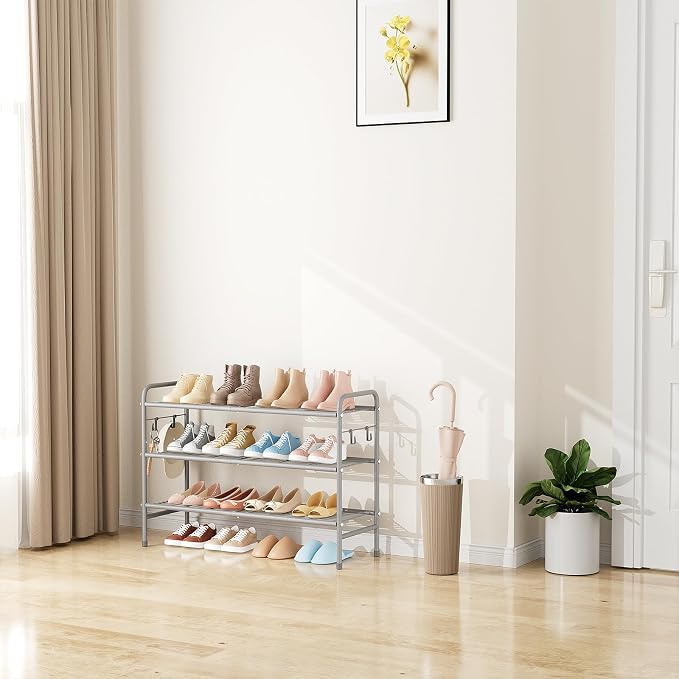VILICK 3 Tier Shoe Rack 33" Wide Metal Shoe Organizer Long Shoe Storage with 4 Side Hooks Sturdy Shoes Shelf for Front Door Entrance, Closet, Garage, Dorm, Grey - Image 7