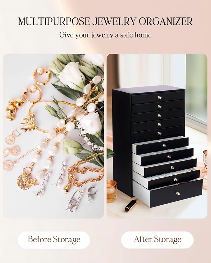 GUKA Large Jewelry Box, Jewelry Case with 10 Drawers for Big and Small Jewelry, Jewelry Storage Organizer for Watch Earrings Necklace Rings Bracelets, Birthday Wedding Gifts, Black - Image 3