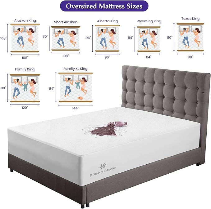 JS Sanders Collection Alberta King 96x96 Size Mattress Topper - 100% Waterproof Cover Protector with 18" Deep Pocket Fitted Style Super Soft Cotton Terry Fabric Mattress Cover