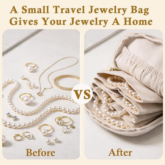 Ideal Swan Small Travel Jewelry Case, Valentines Gifts for Women, Portable Large-Capacity Tassel Jewelry Pouch Bags with Zipper, Beige Velvet Jewelry Organizer Storage Bag for Bracelet Rings Earring - Image 4