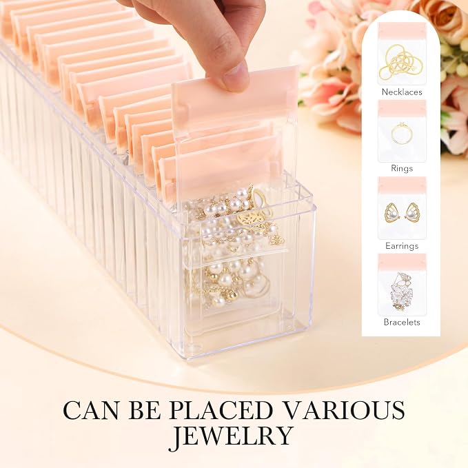 Kenning 42 Pcs Acrylic Jewelry Case Organizer, Clear Jewelry Organizers Holder with Portable Anti Tarnish Storage Bags for Rings, Earrings, Necklaces, Ideal Gifts for Women (Rose Pink) - Image 3