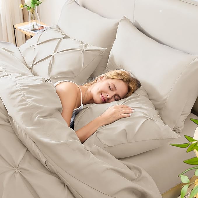CozyLux Twin XL Comforter Set Beige, 5 Pieces Twin Extra Long Pintuck Bed in A Bag for College Dorm, Pinch Pleat Bedding Set with Comforter, Sheets, Pillowcase & Sham