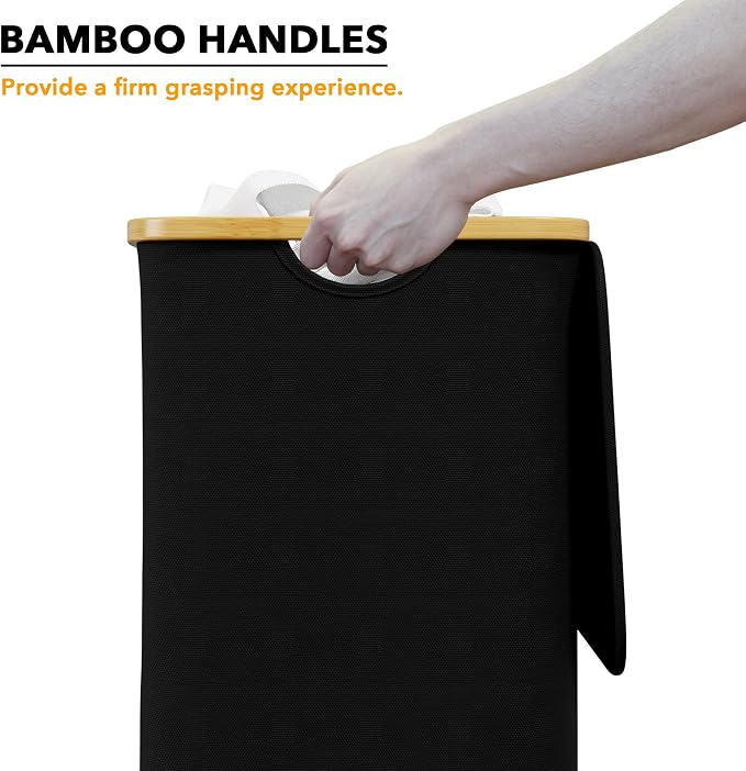 SpaceAid Laundry Hamper with Lid, 110L Large Tall Clothes Basket Bin with Bamboo Handles, Collapsible Laundry Hamper for Bedroom, Bathroom, Dorm, Laundry Room - Black - Image 4