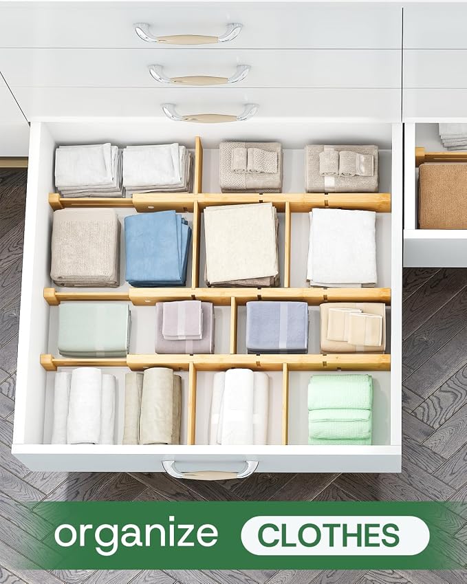 kiplant Bamboo Drawer Dividers - Adjustable Drawer Dividers for Clothes, Kitchen, Closet & Office - 8 Pack with Inserts, 18-22.6 Inches, Non-Slip Silicone Ends - Image 4