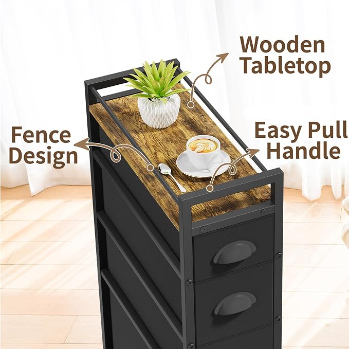 LASZOLA 4 Drawer Narrow Dresser Slim Cabinet Skinny Storage Tower Chest, Ideal for Small Spaces Bathroom Bedroom, Between Washer and Dryer, Lightweight Mobile on Wheels, Sturdy Fabric Drawers, Black - Image 6