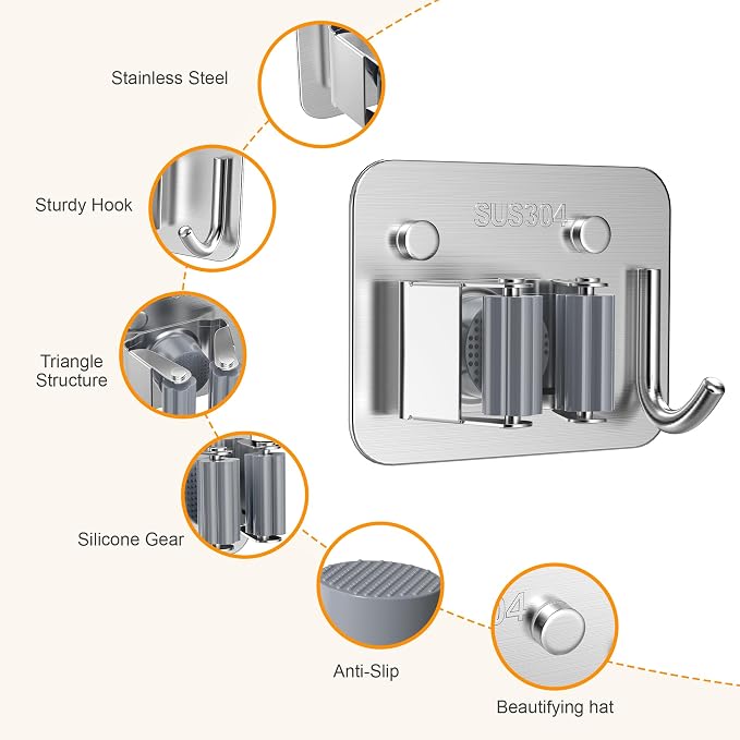 4 Pack Stainless Steel Mop and Broom Holder Wall Mount with Hook, Screw Drilling Mop and Broom Hanger, Single Heavy Duty Storage Rack for Laundry Garage Closet Garden Tool Organizer, Silver - Image 3
