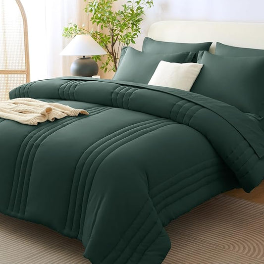 CozyLux King Comforter Set - 7 Pieces Bed in a Bag Forest Green Comforter Set with Sheets Luxury Bed Set All Seasons, Soft Bedding Set with Down Alternative Comforter, Sheets, Pillowcases & Shams