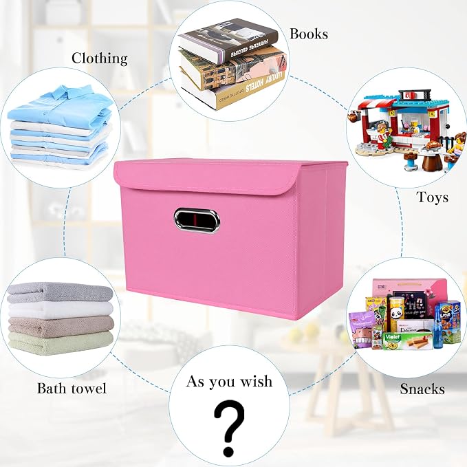 STOREONE Fabric Storage Cube Bins Foldable Organizer Container Collapsible Basket with Lids and Metal Handles, for Home, Bedroom, Closet 8 Pcs (Pink) - Image 3