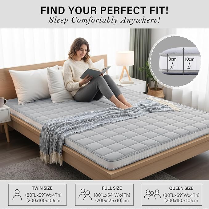 Tiita Futon Mattress 4” Thick Folding Roll Up Sleeping Pad with Bag & Strap, Bed Topper Mat for Guest, Lounger and Travel, Grey,Queen Size