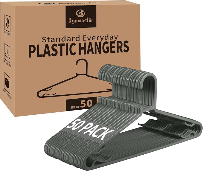Byomostor Plastic Hangers 50 Pack, Light Weight Durable Clothes Hangers with Hooks Standard Size G-Shape&Non-Slip Coat Hangers for Everyday Use (Grey) by Byomostor