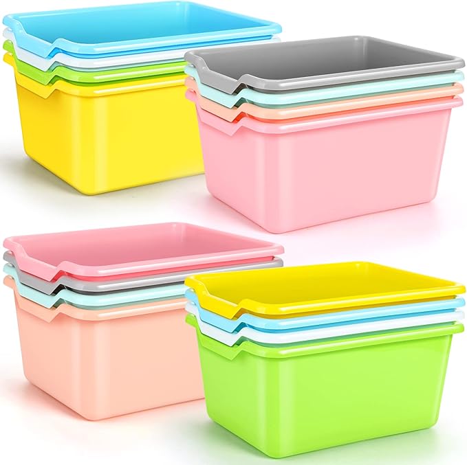 Dandat 16 Pcs Plastic Book Bins for Classroom Library Cubby Bins Scoop Front Stackable Toy Storage Tubs Containers for School Office Home Nursery Playroom Organization(Candy Color) by Dandat