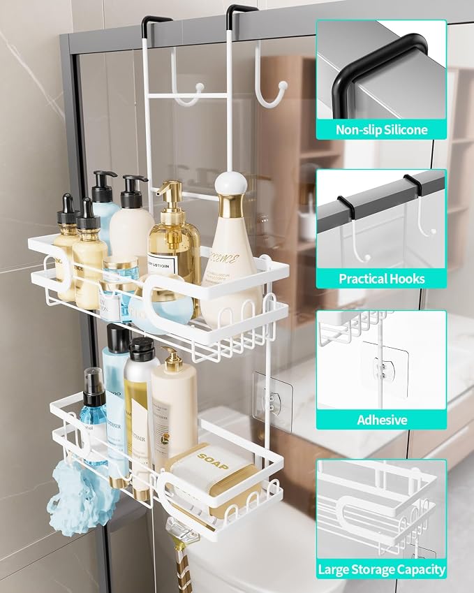 HapiRm Shower Caddy Over Door- Hanging Shower Organizer with 14 Hooks and Soap Holder, Rustproof & Waterproof Stainless Steel Bathroom Shelf - White - Image 2