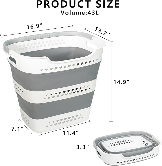 Large Collapsible Laundry Baskets for Dirty Clothes, Plastic Laundry Hamper for Dorm Bedroom Blankets, 43L Foldable Clothes Hamper for Laundry, Space Saving Pop-Up Storage Container/Organizer - Image 2
