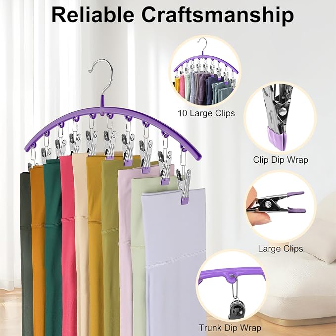 Legging Organizer for Closet, Metal Yoga Pants Hanger w/Rubber Coated 4 Pack w/10 Clips Hold 40 Leggings, Hangers Space Saving Hanging, Closet Organizers and Storage-Purple - Image 5