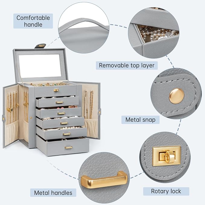 AKOZLIN 6-Tier Jewelry Box Organizer Functional 5 Drawers Leather Jewelry Storage Case for Women Girls Ring Necklace Earring Bracelet Holder Organizer with Mirror Grey - Image 5