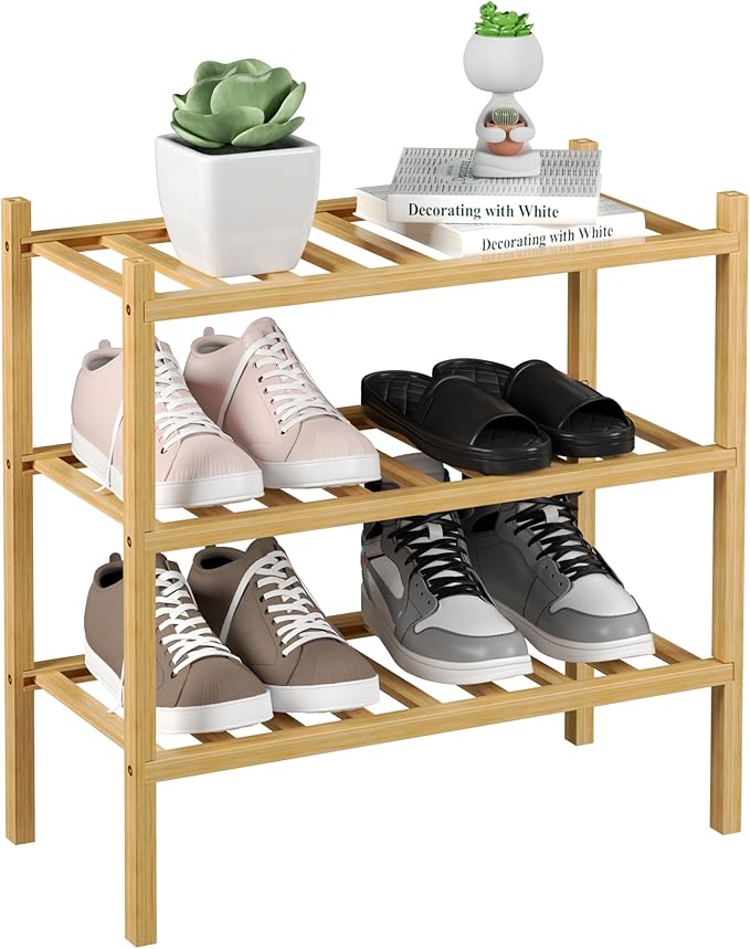ROMGUAR CRAFT 3-Tier Bamboo Small Shoe Rack, Free Standing Wood Shoe Shelf Storage Organizer for Closet Entryway Stackable (Natural) by ROMGUAR+CRAFT