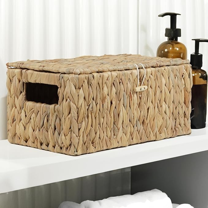 Water Hyacinth Baskets for Organizing, Rectangular Wicker Basket with Lid, Storage Baskets Bins with Built-in Handles for Shelf, Decorative Woven Basket Boxes for Storage Home Organizer Decor - Image 6
