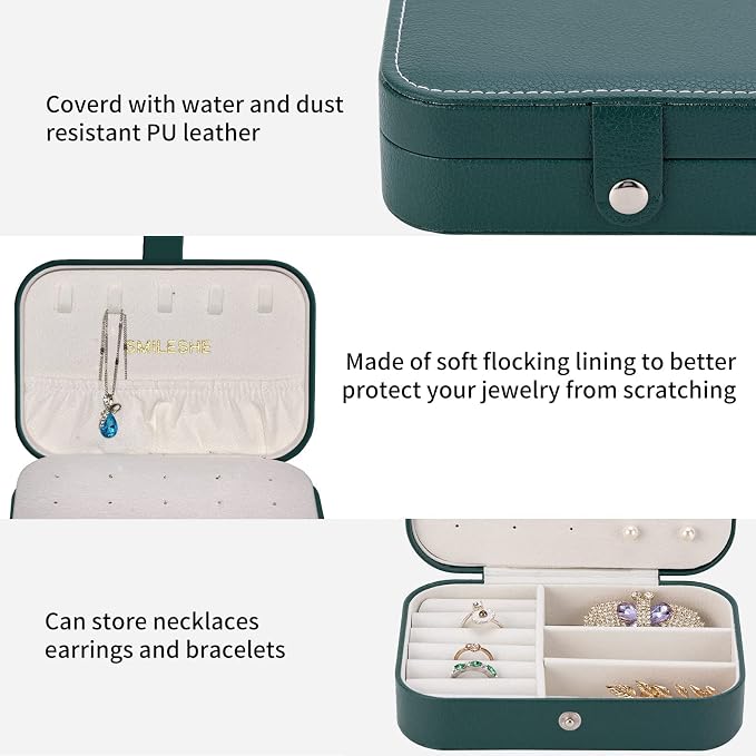 Smileshe Jewelry Box, PU Leather Small Portable Travel Case, 2 Layers Organizer Display Storage Holder Boxes for Rings, Earrings, Necklaces, Bracelets - Image 3