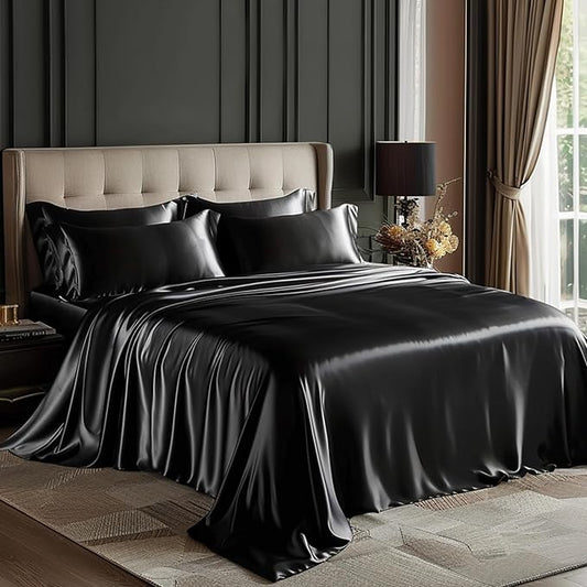 Love's cabin Full Size Satin Sheet Sets - 4 Piece Black Silky Sheet Set with Deep Pocket, Luxury Silk Feel Bed Sheets Full Bedding Set (1 Flat Sheet,1 Fitted Sheet,2 Pillow Cases)