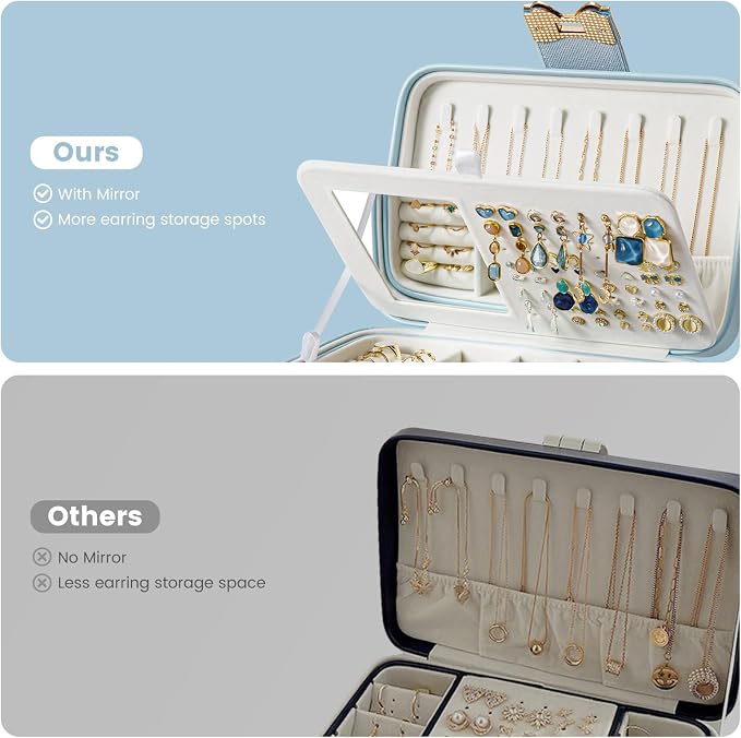 Lolalet 2 Layer Jewelry Box for Teen Girls & Young Women, Jewelry Organizer Case with Bow Clasp and Mirror for Earrings Rings Necklaces Storage, Gift Idea -Blue - Image 5
