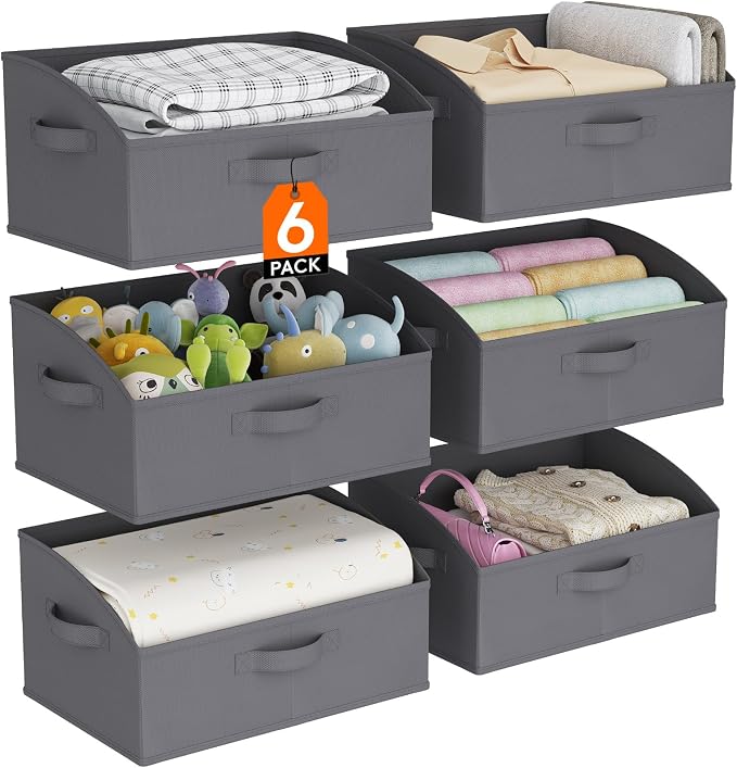 Lifewit Trapezoid Closet Storage Bins for Shelf, 6 Packs Non-woven Closet Organizer Baskets with Handles, Foldable Clothes Containers Boxes for Clothing, Book, Purse, 19L, Large, Gray by Lifewit