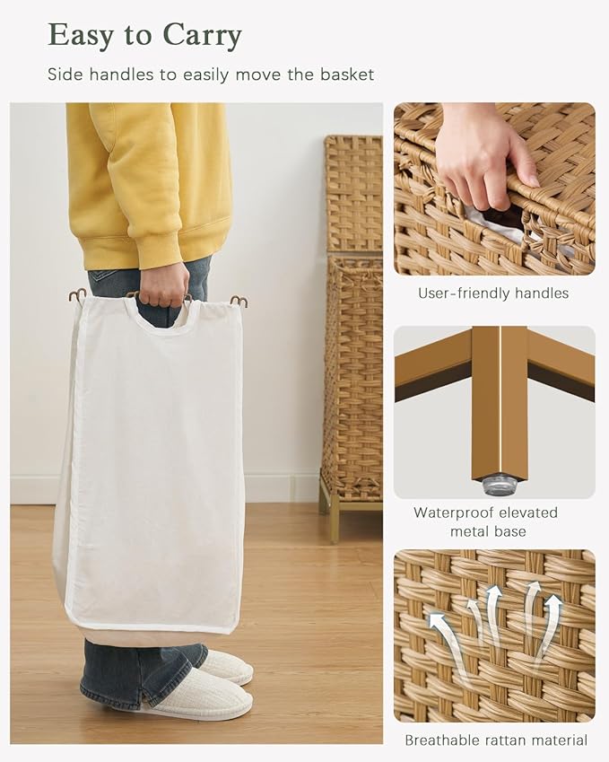 SETVSON Laundry Hamper with Lid, 112 L Handwoven Rattan Wicker Laundry Basket, 2 Removable Liner Bags Metal Heightened Feet, 6 Mesh Bags, 2 Section Large Clothes Hamper for Bathroom Bedroom, Natural - Image 3