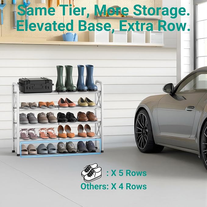 YEASHEIN 4-Tier Expandable Shoe Rack for Closet Floor, X-Frame Metal Small Shoe Rack for Entryway, Adjustable Shoe Shelf Organizer, Free Standing Shoe Racks for Front Door Entrance, Garage - White - Image 4