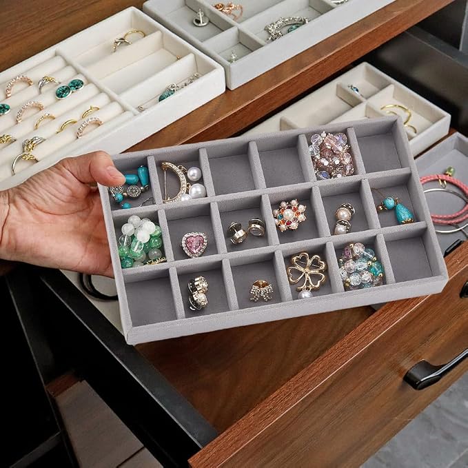 2Pcs 5 x 8.3 Inch 18 Grid Jewelry Tray Drawer Insert Velvet Earring Organizer Display Case Storage with Removable Divider Container Box for Rings Watch Necklace Trinket Holder Showcase Gray - Image 6