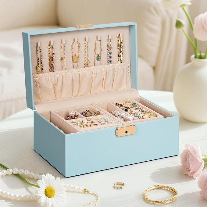 AKOZLIN Travel Jewelry Box Organizer Functional 2-trays Leather Jewelry Storage Case with Lockable Portable for Women Girls Ring Necklace Earring Bracelet - Image 4