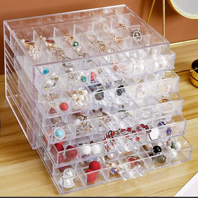 YUFONG Earring Storage Box Organizer, Acrylic Jewelry Storage Box Holder 5 Drawers Transparent Jewelry Display Stand with 120 Small Compartments Gift Boxes for Women Girls (Clear) - Image 2