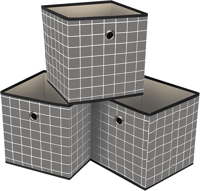 Foldable Storage Cubes Bins,11 Inch Cloth Storage Cube Fabric Storage Box Cubes Organizer Baskets with Dual Handles for Home Organizer Set of 3 (Grey grid) by NieEnjoy