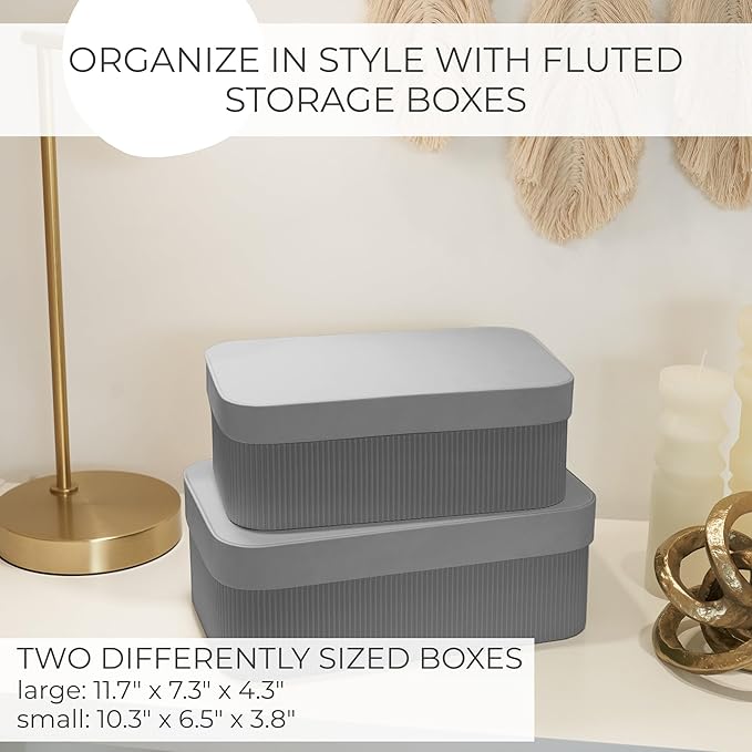 Decorative Storage Boxes with Lids – Set of 2 Beautiful Fluted Cardboard Organizer Bins for Your Home Bookshelf Decor to Safely Store Your Documents, Memory Box Items and Other Keepsakes in Style - Image 4