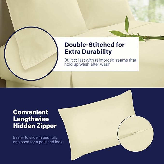 Kickoff Viscose Bamboo Sheets Short Queen Size 4-pc 100% Organic Bamboo Viscose Bed Cooling Sheets Short Queen Size Set Cool Bedding for hot Sleepers Sheet, Flat, Fitted, Pillowcases (Cream, SQ)