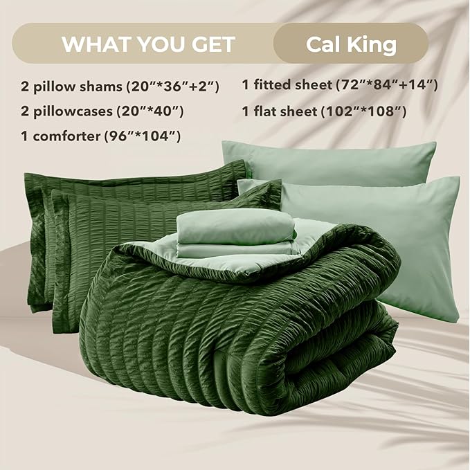 HYMOKEGE Dark Green/Sage Green California King Comforter Set Seersucker 7 Pieces, All Season Luxury Bed in a Bag for Bedroom, Bedding Set with Comforter, Sheets, Pillowcases & Shams