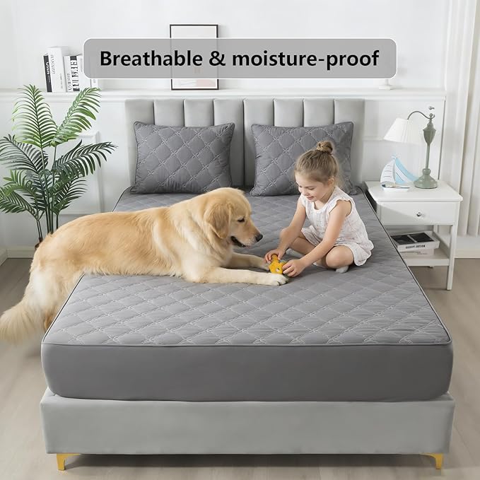 Waterproof Mattress Protector -Twin Size Mattress Pad Silent & Fitted Sheet Style | Full Bed Protection for Kids, Pets, Adults | Hypoallergenic, Machine Washable(Gray,Twin)