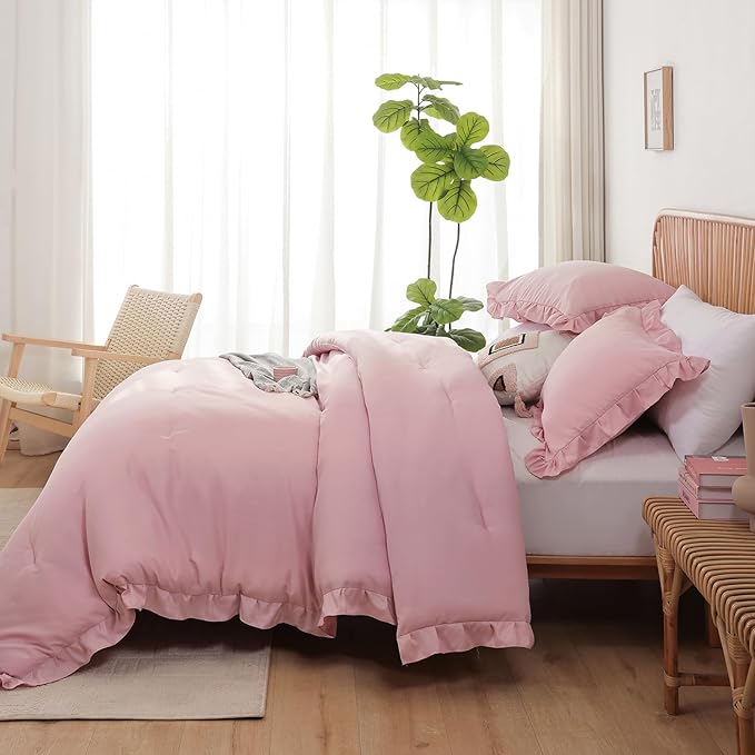 JANZAA Queen Comforter Set Baby Pink Ruffle Comforter with 2 Pillowcase Soft Queen Size Bed Set Vintage Farmhouse Bed Comforter Set Fluffy Shabby Chic Bedding for All Season
