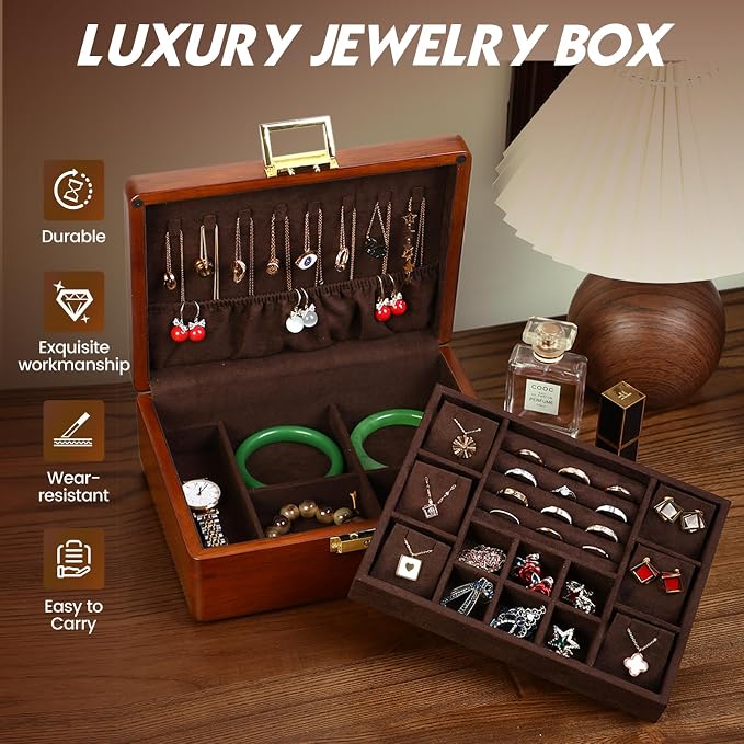 Solid Walnut Wood Jewelry Box with Lock, 2 Layer Velvet Jewelry Organizer Storage Lined for Earrings Rings Necklaces Bracelets Cufflink Gift Idea for Men Women, Vintage Brown - Image 5