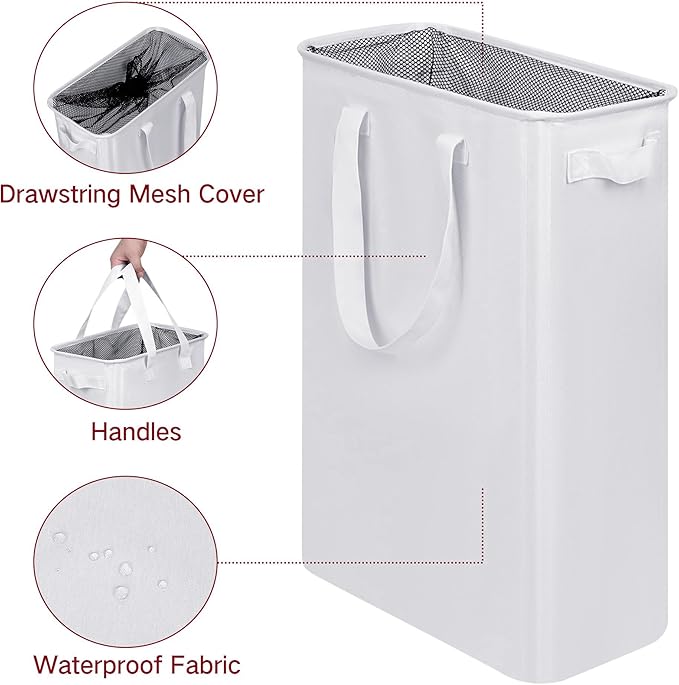 efluky Slim Laundry Basket, Narrow Laundry Hamper with Handles, Collapsible Dirty Clothes Hamper, Tall Laundry Bin for Laundry Room, Dorm and Bedroom, 12.7 Gallons(48L) White - Image 3
