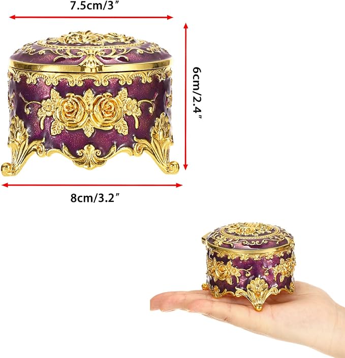 Hipiwe Vintage Jewelry Box Small Trinket Storage Organizer Box Gold Metal Chest Ring Case Treasure Chest Round Keepsake Boxes for Earrings Necklace Gift for Women,Purple - Image 2
