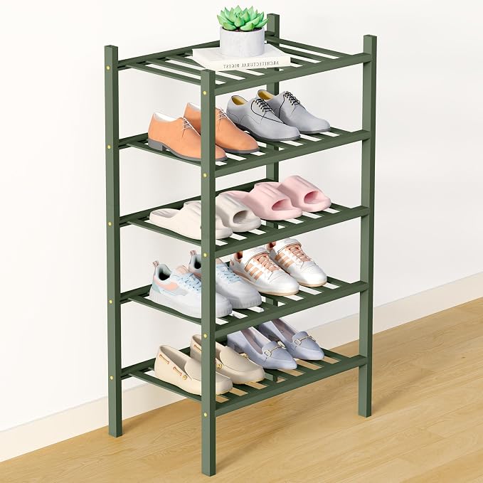 Smiry Bamboo Shoe Rack for Closet, 5 Tier Small Wooden Stackable Shoe Organizer, Free Standing Shoes Storage Shelf for Entryway, Front Door Entrance, Green by Smiry