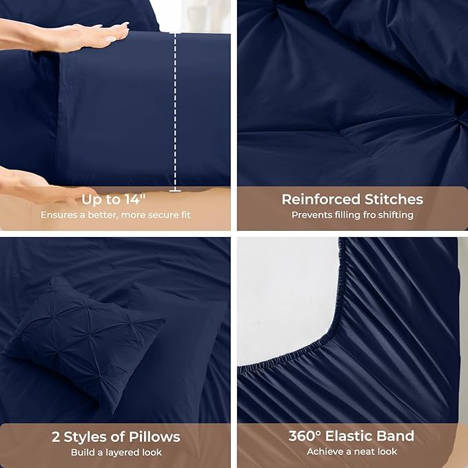 Sasttie Twin XL Comforter Set, 5-Piece Bed in a Bag, Pintuck Bedding Sets for All Season, Includes Comforter, Flat Sheet, Fitted Sheet, Pillowcase and Pillowsham, Navy