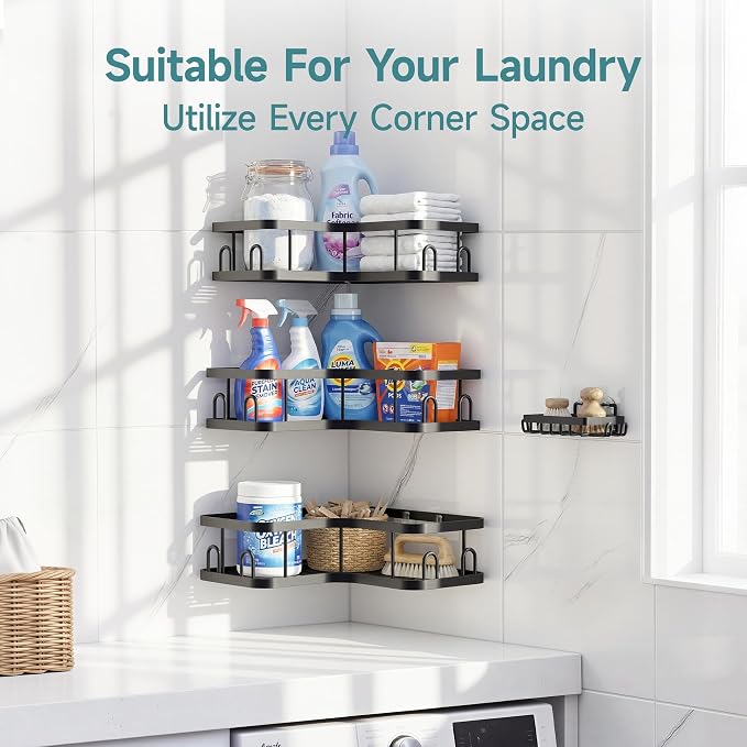 Veken Corner Adhesive Shower Caddy 4-Pack with Soap Holder&Hooks,No Drilling Shower Shelves,Rustproof & Waterproof Bathroom Organizers and Storage,Rack for Small Spaces, Kitchen&Rental-Friendly,Black - Image 9