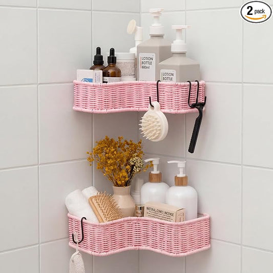 GRANNY SAYS 2 Pack Wicker Corner Shower Caddy Hanging, Shower Shelf for Inside Showers, Adhesive Shelves for Bathroom Organizers and Storage, Bathroom Shelves Wall Mounted with 4 Hooks for Decor, Pink by GRANNYSAYS