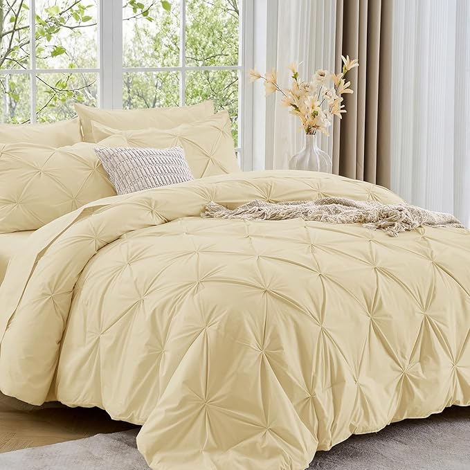 Sasttie California King Comforter Set, 7-Piece Bed in a Bag, Pintuck Bedding Sets for All Season, Includes Comforter, Flat Sheet, Fitted Sheet, Pillowcases and Pillowshams, Pale Yellow