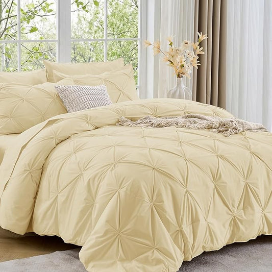 Sasttie California King Comforter Set, 7-Piece Bed in a Bag, Pintuck Bedding Sets for All Season, Includes Comforter, Flat Sheet, Fitted Sheet, Pillowcases and Pillowshams, Pale Yellow