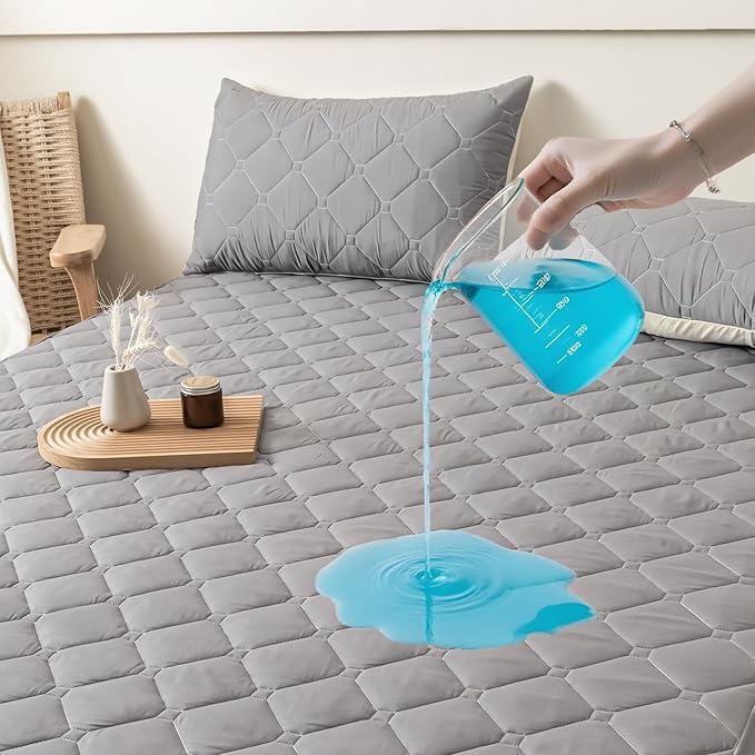 Twin Mattress Protector Waterproof, 18” Deep Pocket Fitted Mattress Topper+2pcs Pillow Cases - Leakproof, Oeko-TEX Certified, Breathable & Noiseless,Machine Washable (Dark Grey)