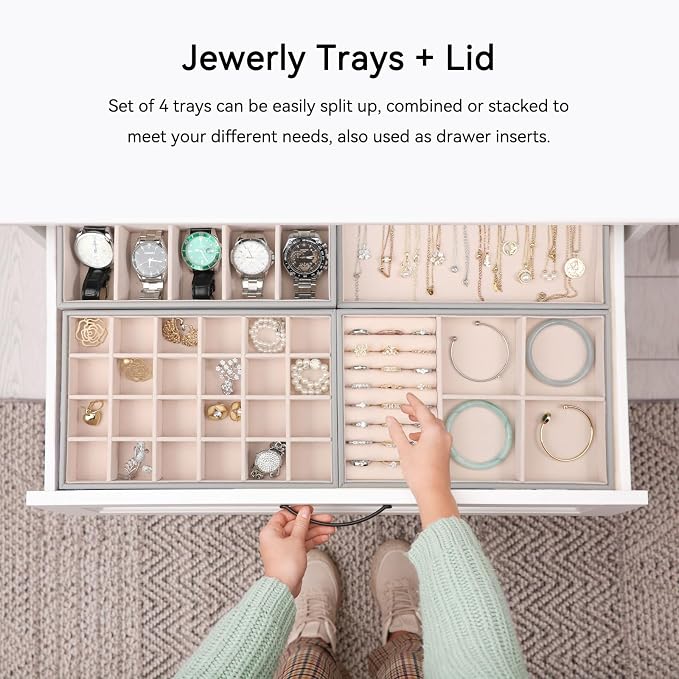 Voova Stackable Jewelry Organizer Tray with Lid, PU Leather Jewelry Storage Holder for Drawer Inserts, Jewellery Display Box Case for Earring Necklace Ring Watch Bracelet (Set of 4, Grey) - Image 6