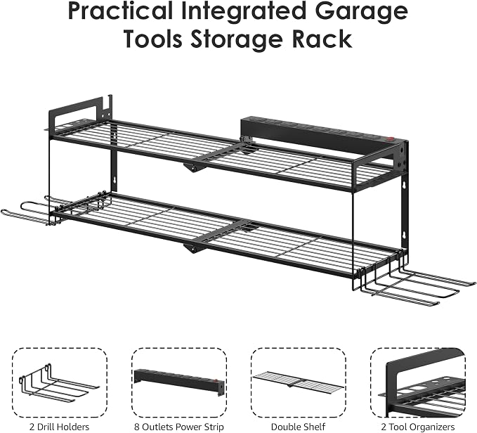 CCCEI Large Garage Tools Storage with Charging Station. Power Tool Battery Organizer Utility Shelf with Power Strip. 4 Drills Holder Wall Mount Rack. - Image 4