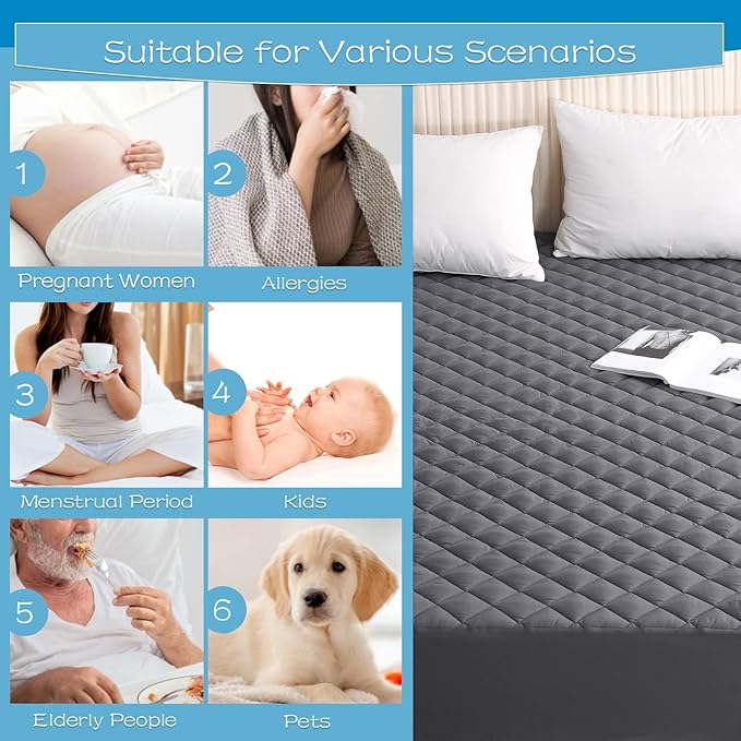 GRT Full Size Grey Quilted Fitted Mattress Pad, 100% Waterproof Breathable Mattress Protector, Noiseless Hollow Cotton Mattress Topper, Fitted 8"-19" Deep, Dust Proof